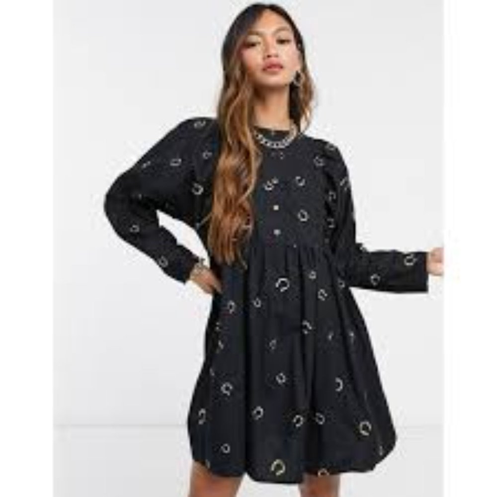 ASOS DESIGN  Black Smock Mini Dress with Horse Shoe Embroidery Sz 12